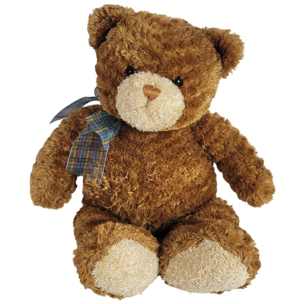 Gund Bear Dylan Plush Brown 16" Blue Purple Plaid Ribbon Stuffed Sitting #15103